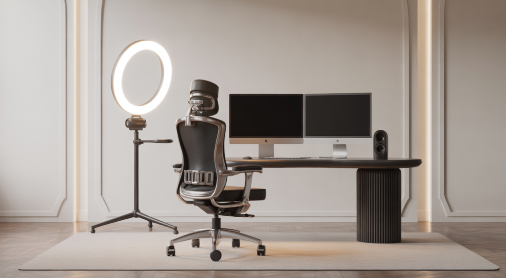 Luxurious and modern webcam studio room in Bogotá with professional lighting, ergonomic furniture, and high-tech equipment.