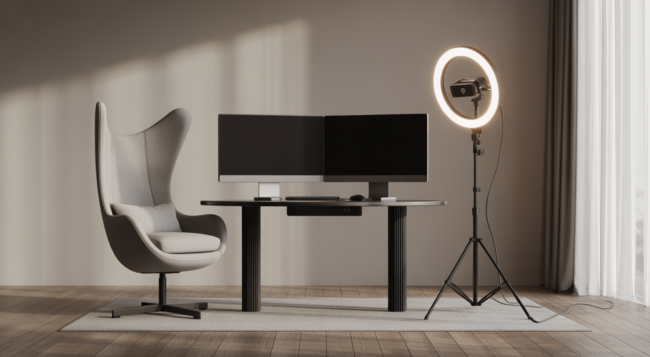 A luxurious and professional webcam studio room in Bogotá featuring modern furniture, professional ring lighting, and high-end computer equipment.