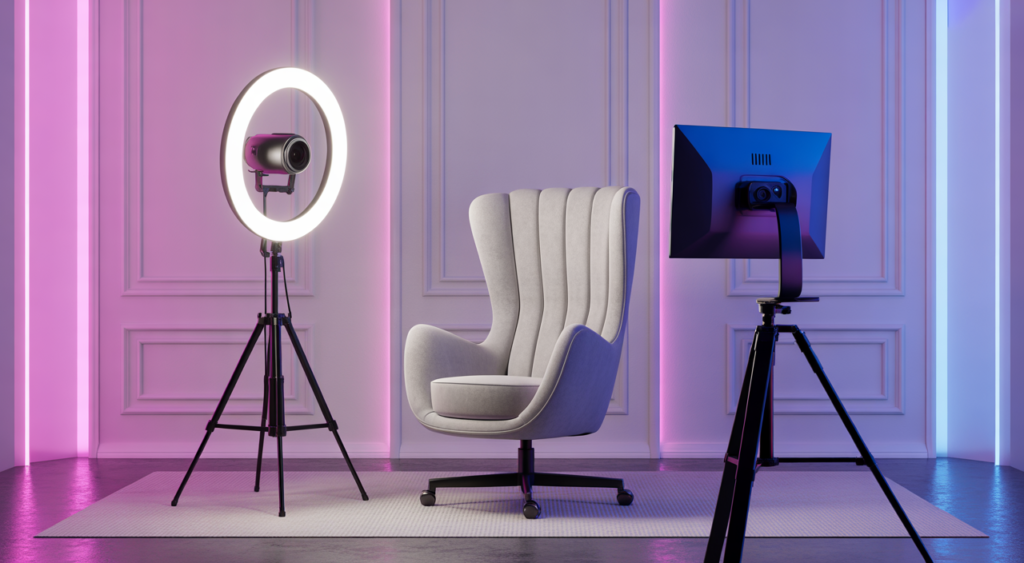 Modern and professional webcam studio room in South Bogotá featuring high-end equipment and stylish neon lighting.