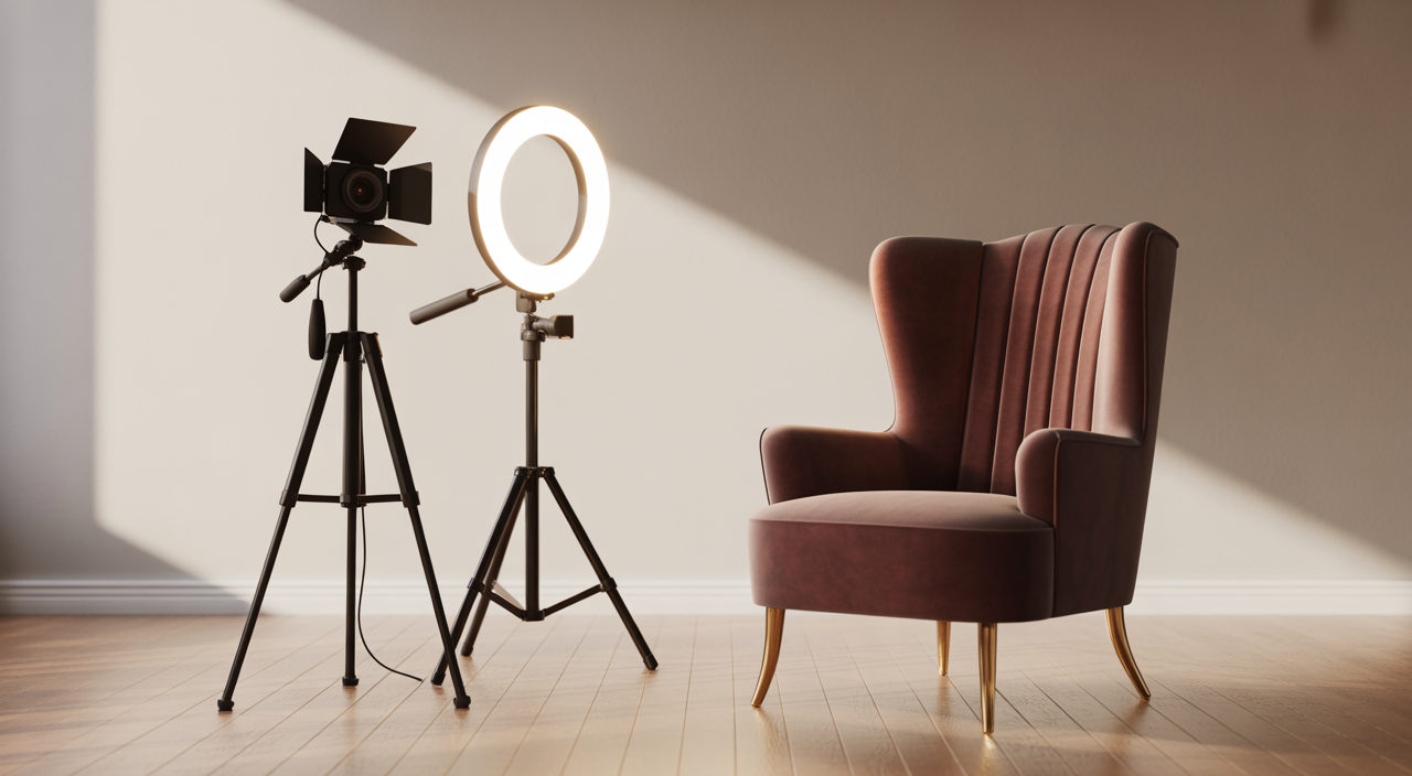 A high-end professional streaming studio setup with an elegant chair, professional camera equipment, and a ring light in a modern room.