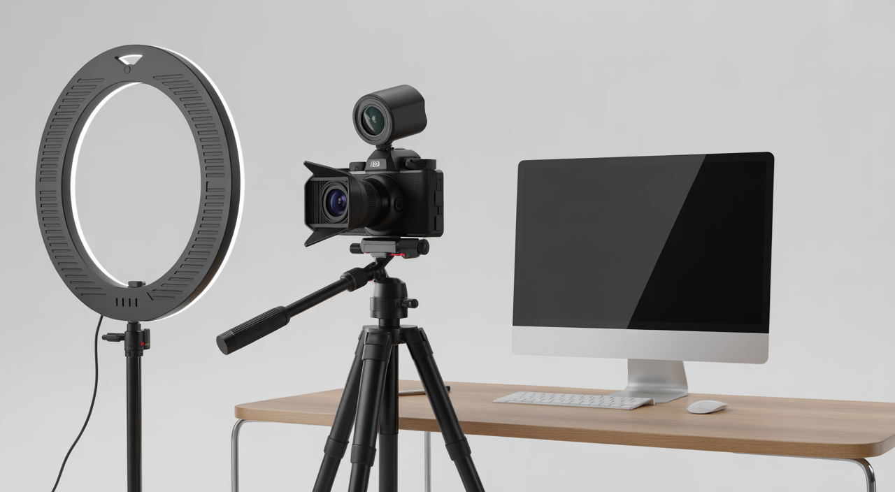 Professional high-end webcam studio setup with a 4K camera, ring light, and dual monitors in a clean, bright room.