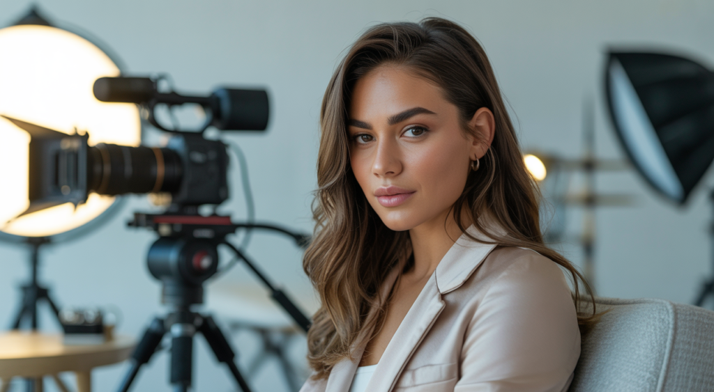 A confident woman in a professional, modern content creation studio with high-end equipment.
