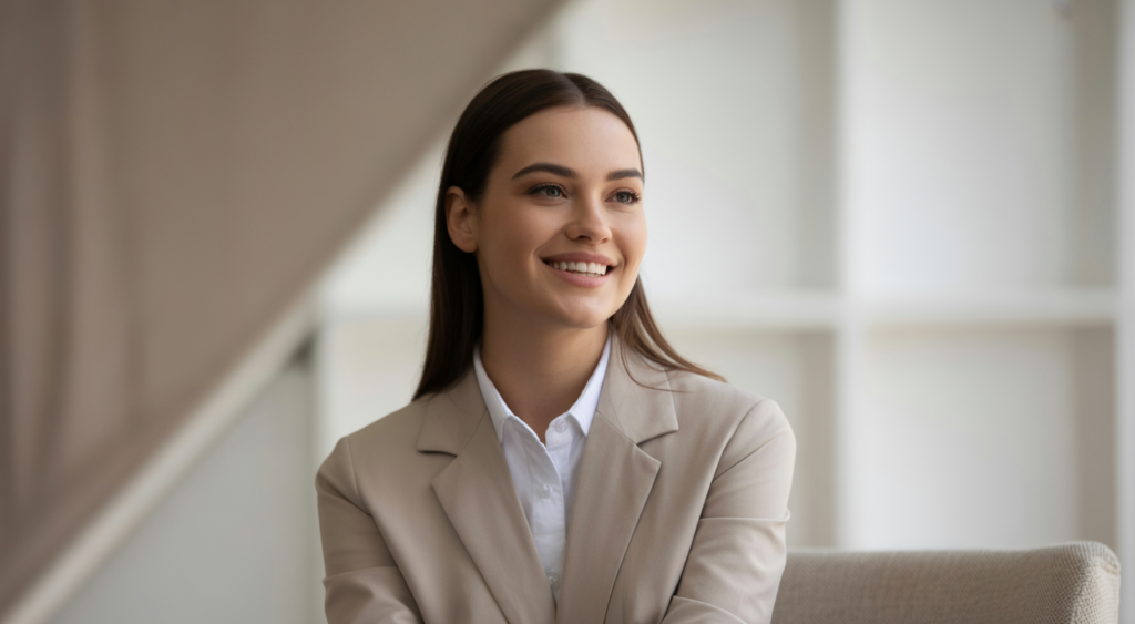 Confident woman in a professional and modern studio setting for webcam modeling.
