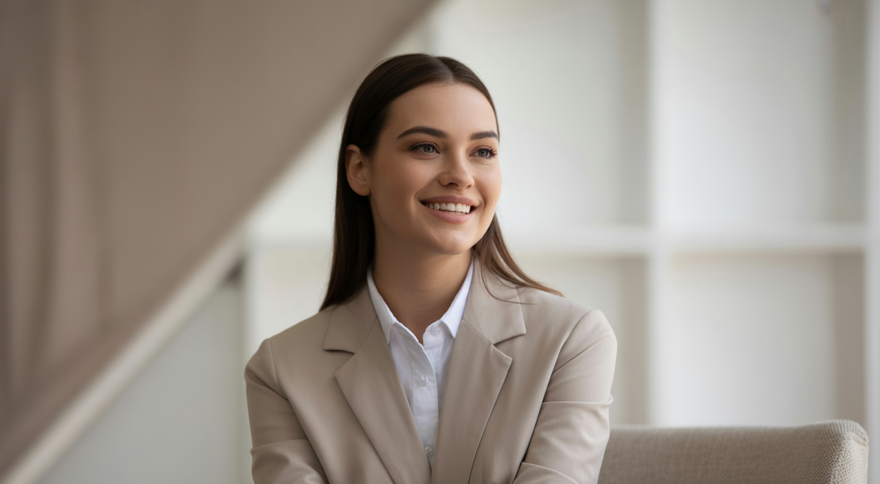 Confident woman in a professional and modern studio setting for webcam modeling.