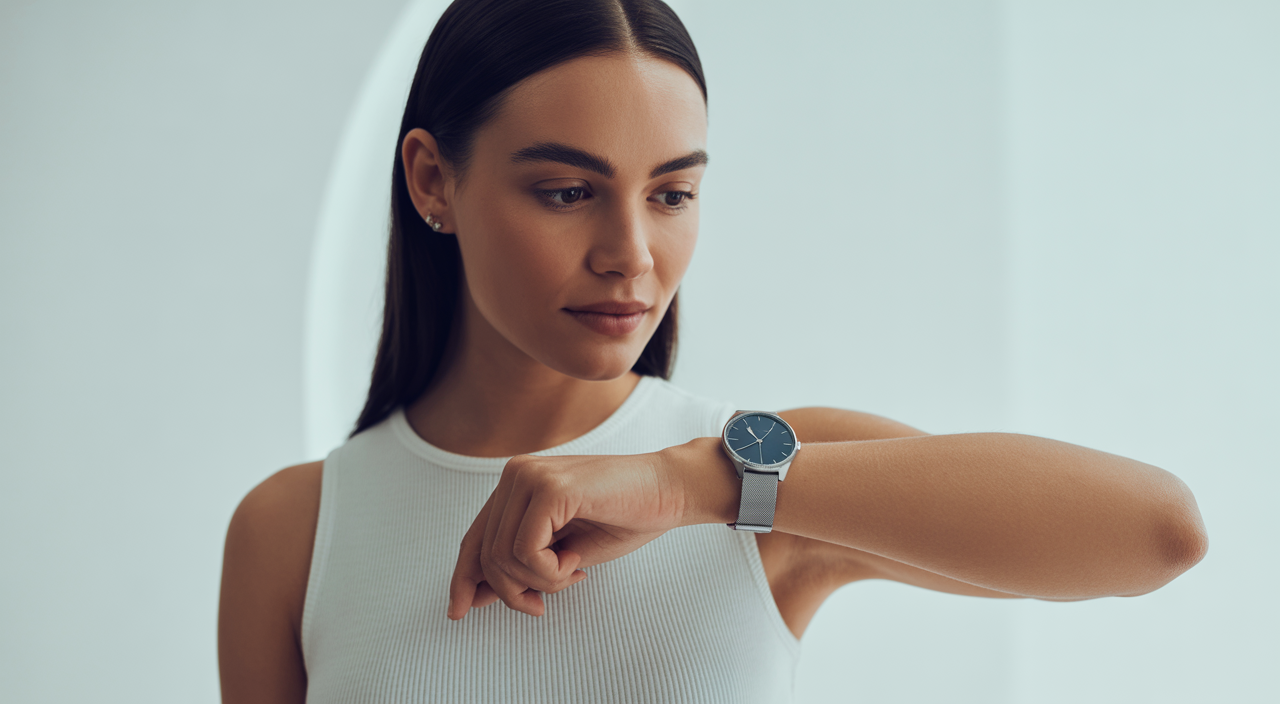 A confident young woman looking at a stylish wristwatch in a bright, modern studio, symbolizing control over time and flexible schedules.