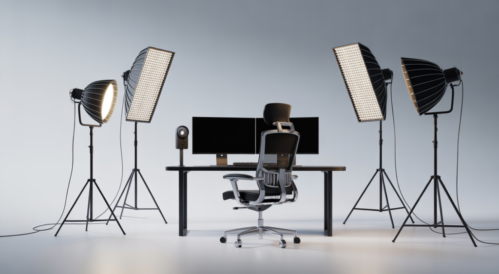 A luxurious and modern professional webcam studio room in Bogota with high-end computer equipment and cinematic lighting.