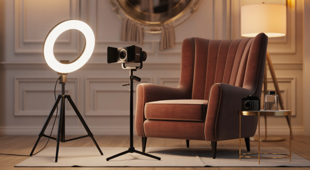 Modern professional webcam studio interior in Bogota featuring a stylish armchair, ring light, and 4K camera setup.