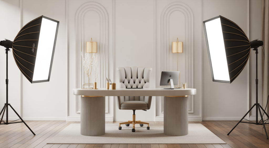 Luxury webcam studio room in Bogota with professional lighting, ergonomic furniture, and elegant interior design.