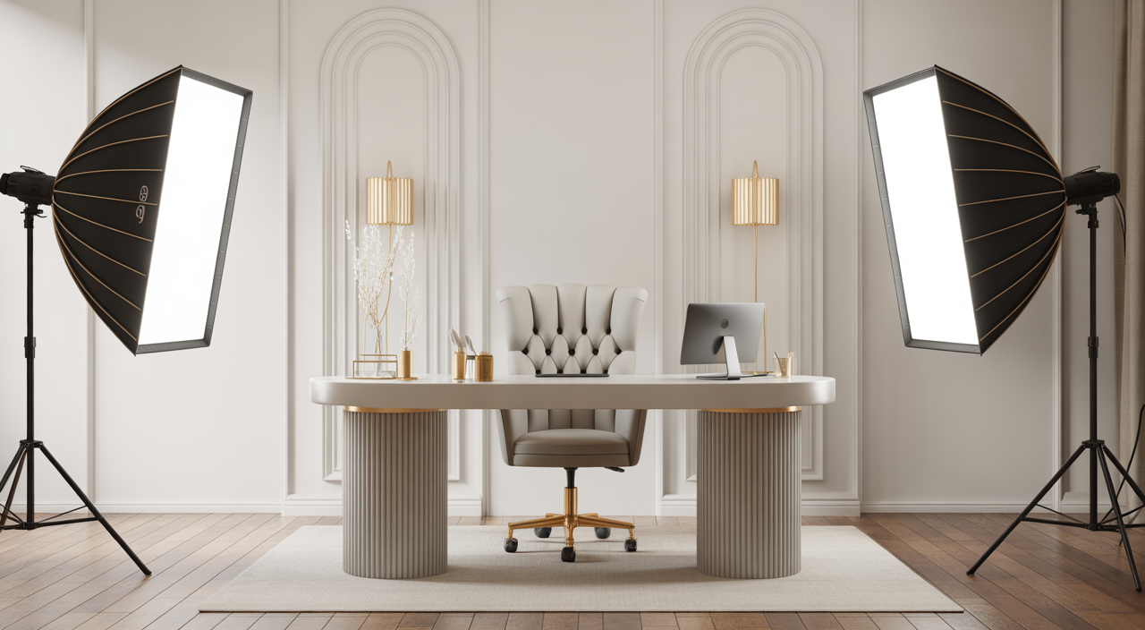 Luxury webcam studio room in Bogota with professional lighting, ergonomic furniture, and elegant interior design.