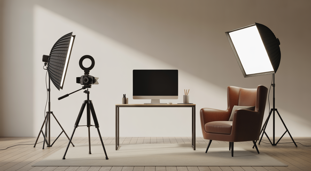 Professional webcam streaming studio with 4K camera, ring light, and modern equipment in a clean private room at Golden House Studio Kennedy Bogota