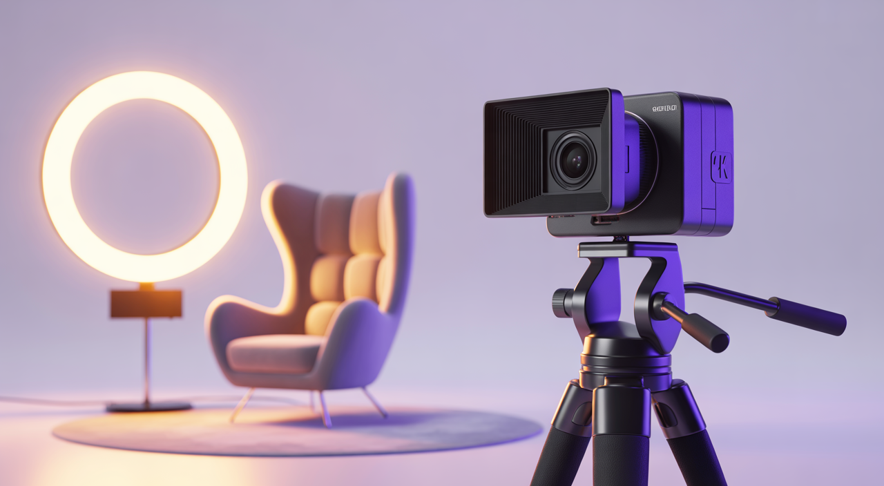 A high-end professional webcam modeling studio setup with a ring light, camera, and modern furniture in a clean environment.