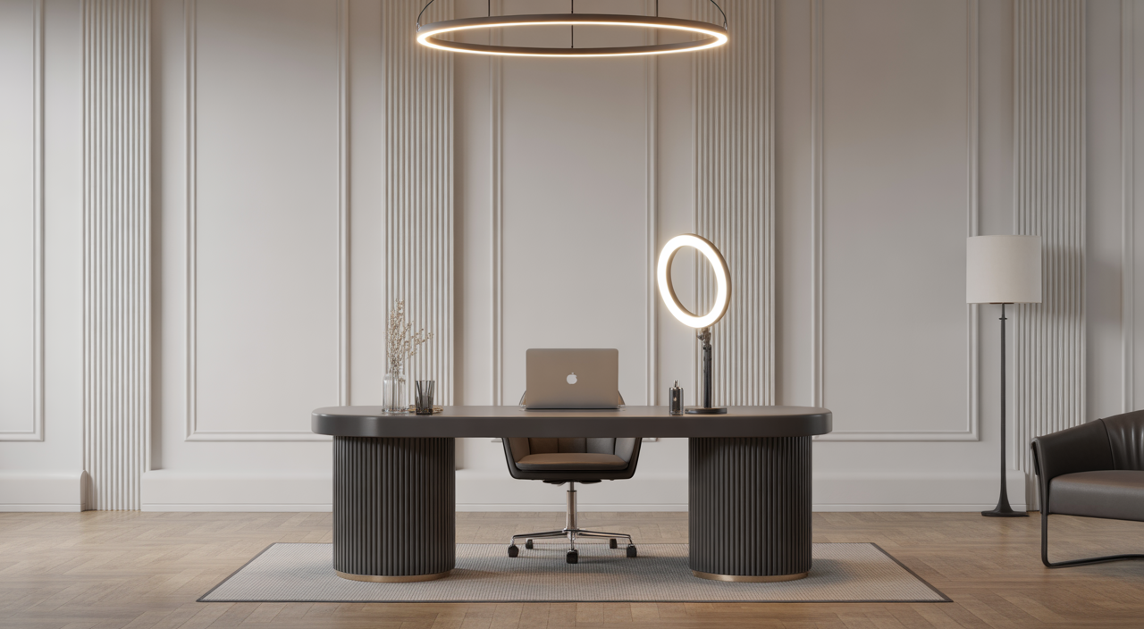 A luxurious and professional private studio room with a designer desk, ergonomic chair, ring light, and modern decor against a clean white background.