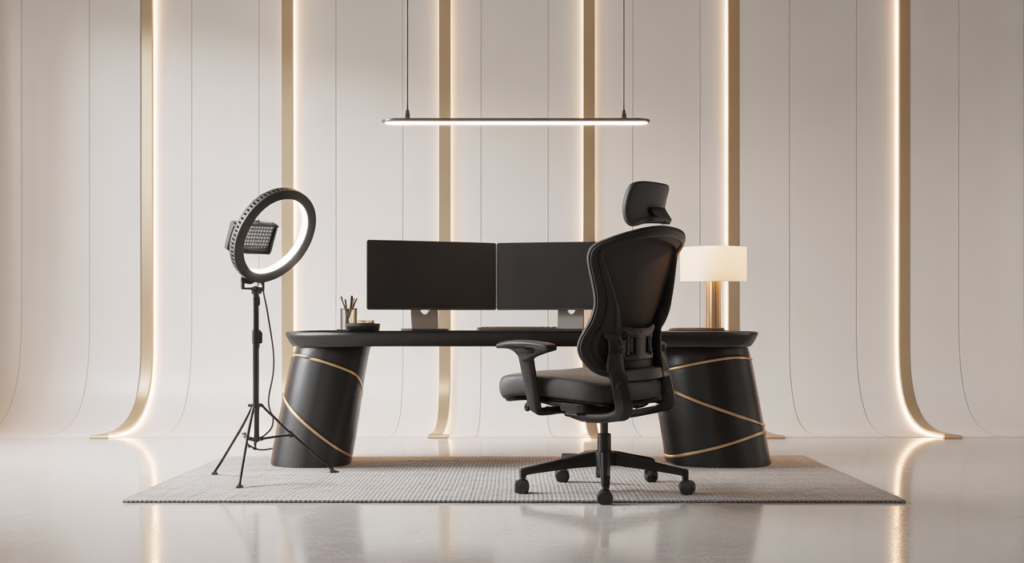 A luxury professional streaming studio room with high-end equipment, ergonomic chair, and cinematic lighting on a neutral background.