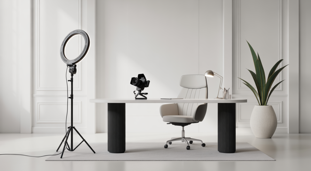 Professional webcam studio interior in Chapinero featuring high-end lighting, camera equipment, and a modern desk setup.