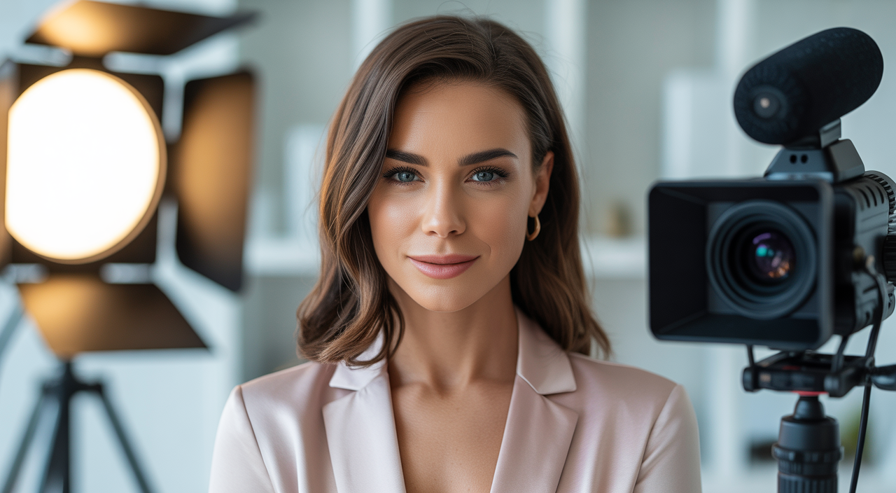 Professional female model in a modern webcam studio with high-tech equipment, symbolizing success and opportunity.